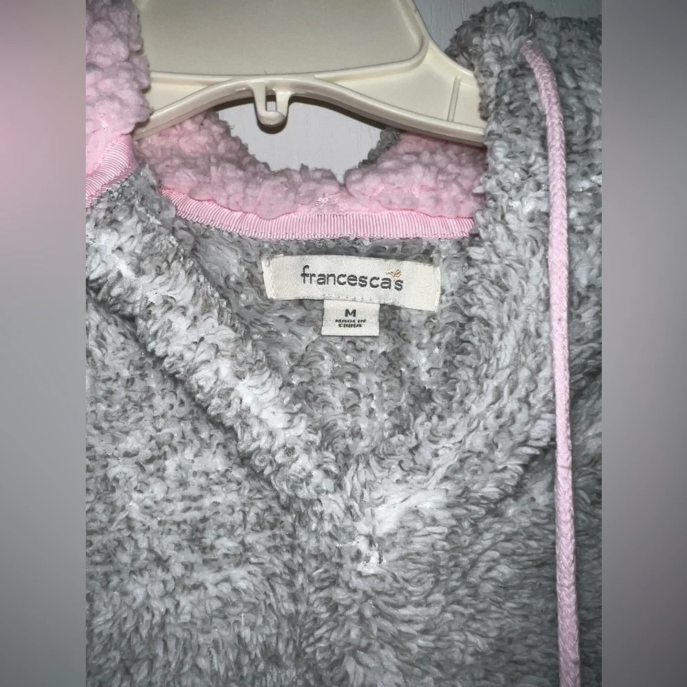 Francesca’s Cozy Fuzzy Pajama Lounge Set Grey Pink Pom Pom Hoodie Size M/S